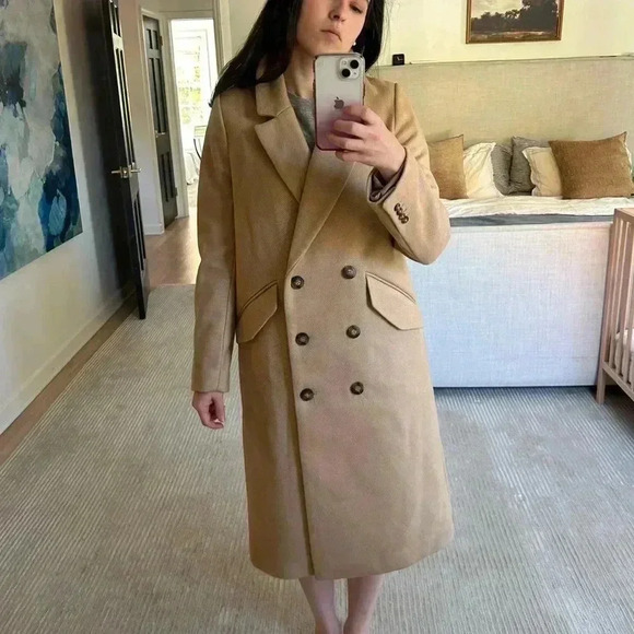 H&M Classic Double breasted midi camel/tan oversized coat pinstripe herringboneS - Picture 1 of 13